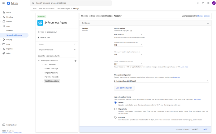 Google Admin Console showing app settings for the 247connect Agent. The screen displays options for access method (set to Force install), preventing uninstalls (On) and selecting a managed configuration (247connect Android Agent). App auto-update timing is set to Default. A Save button appears at the bottom with unsaved changes.